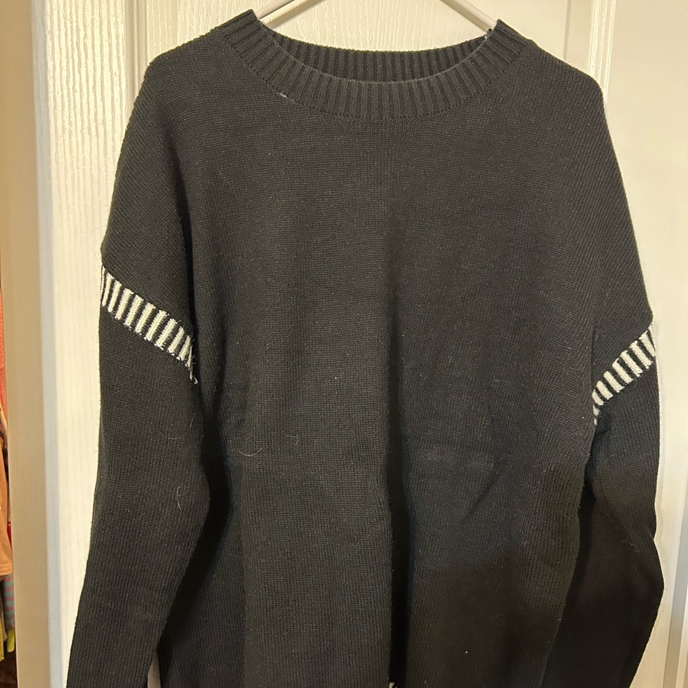 Women's Charcoal Sweater with Striped Sleeves